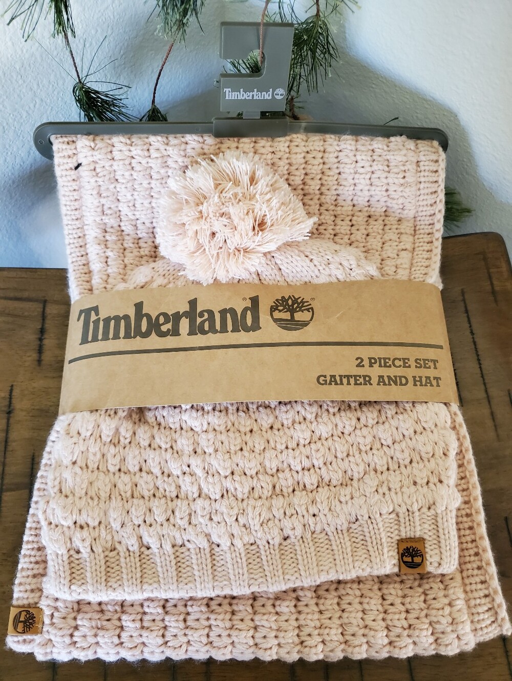 Timberland 2pc Winter Gift Set Blush Pom Beanie Hat Matching Neck Warmer Gaiter